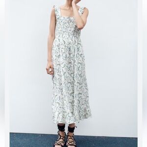ZARA Midi Dress Women L Floral White Green Linen Smocked Cottage Boho 5216/064